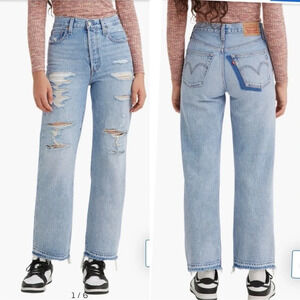 Levi's Ribcage Straight Ankle Distressed High Rise Raw Hem Denim Jeans Size 27
